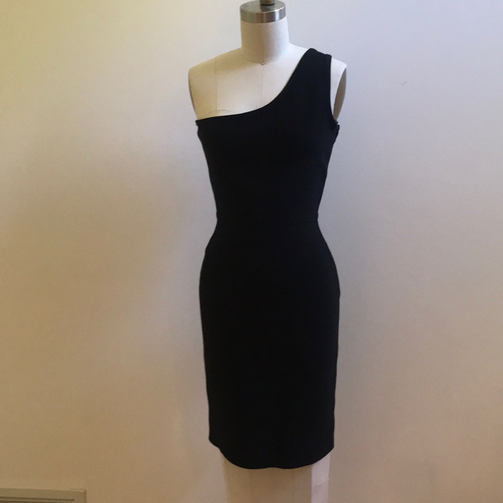 BCBG Black fitted timeless midi dress.